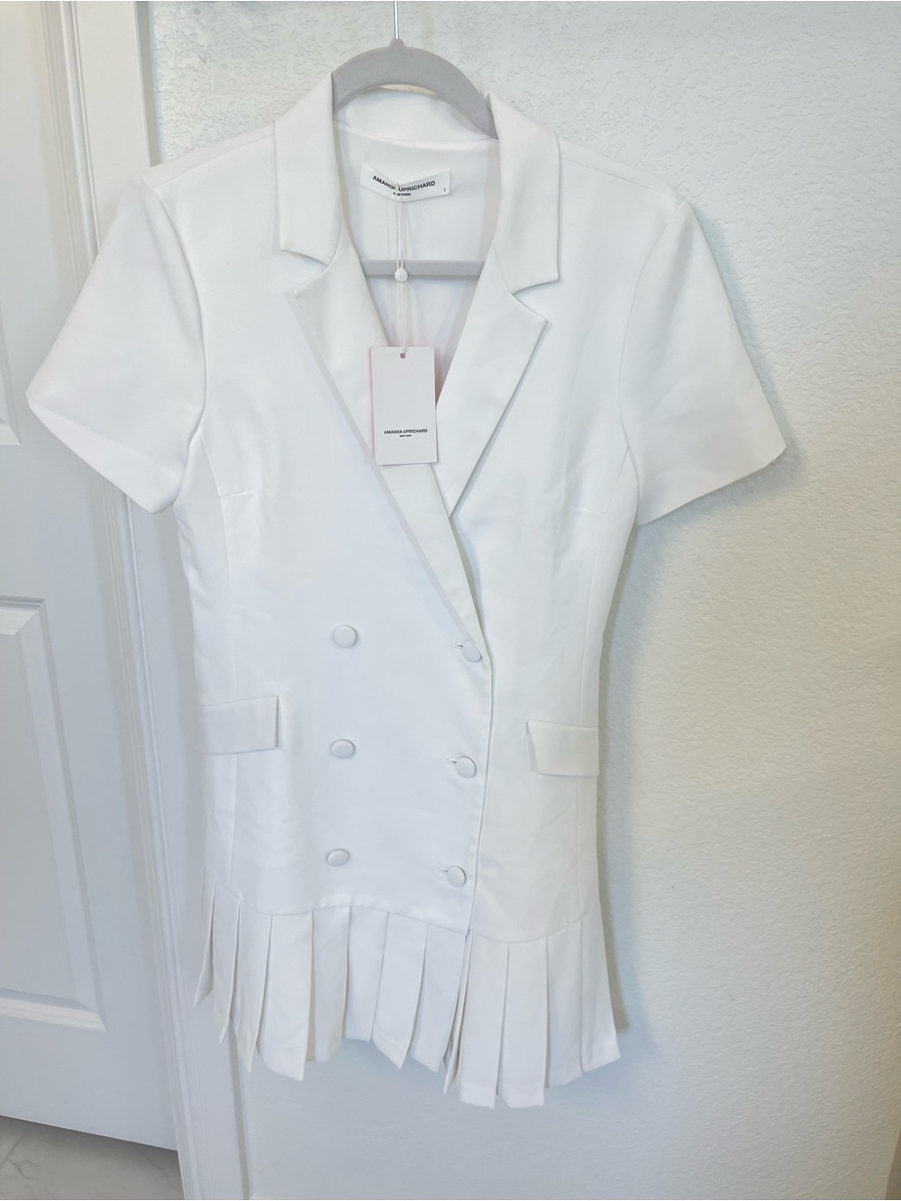 Amanda Uprichard White Double-Breasted Pleated Hem Blazer Dress